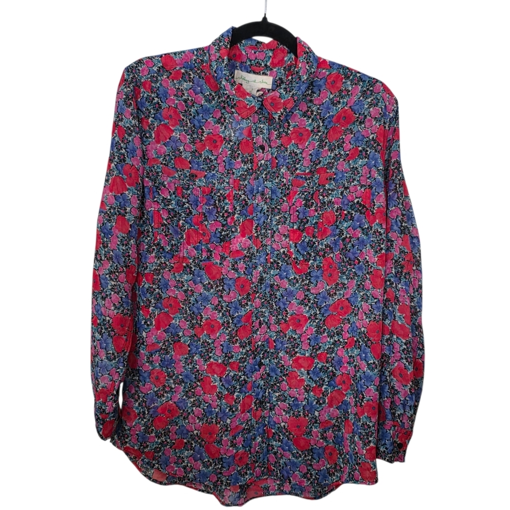 Staring At Stars Sheer Floral Button Up Blouse With Front Pockets Size S EUC